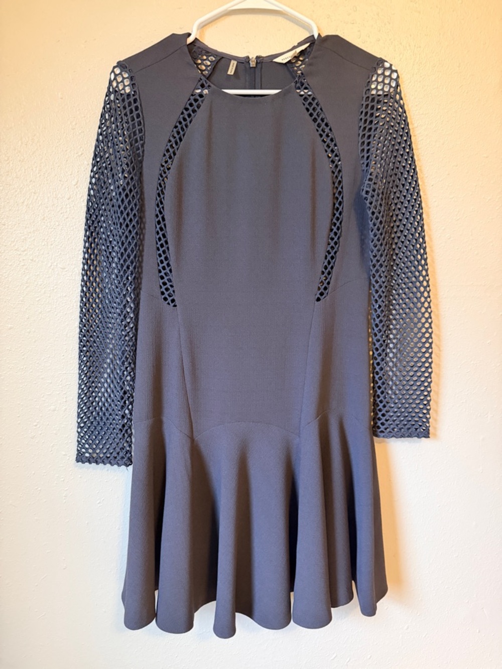 Rebecca Taylor Slate Grey Long-Sleeve Mesh Inset Flared Dress